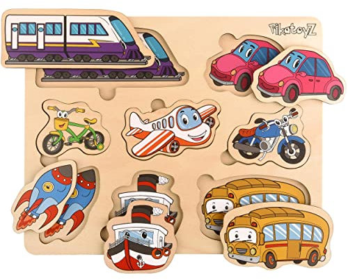 PikatoyZ® Steckpuzzle aus Holz ab 1 Jahr, 2 und 3 Jahre – Montessori Kinderpuzzle mit Transportmitteln – Lernspielzeug für Jungen und Mädchen
