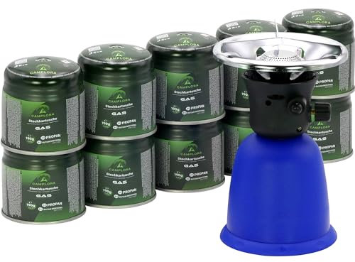 CAMPLORA Gaskocher mit 10 Gaskartuschen und Piezozündung für Stechgaskartuschen 190g EN417, Camping kocher gas, Campingkocher mit Gaskartusche 1 flammig mini gas stove, Gaskocher, Gasherd,stove