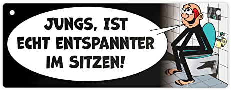 Bitte im sitzen pinkeln Metallschild L in 10,5x28cm im Comic-Stil in schwarz