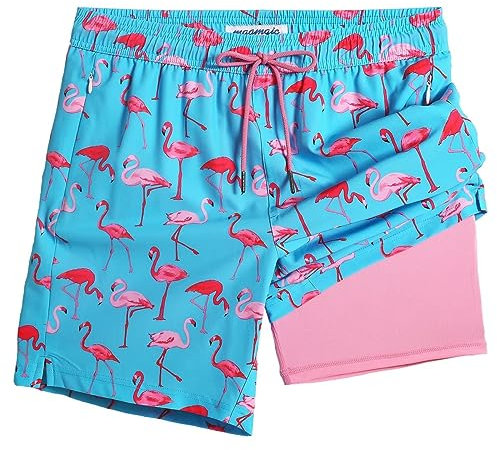 MaaMgic 2 in 1 Pantaloncini da Bagno da Uomo Asciugatura Veloce Costume da Bagno per Surf sulla Spiaggia Multi-funzioni Allenamento con Fodera di Compressione 7 Pollici,Rosa Fenicottero Azzurro 7,L