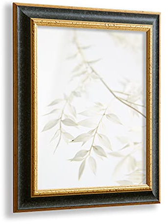 VO design Dekorativer Bilderrahmen Kjell aus Massivholz in 35 x 25 cm Schwarz Gold Dekor im Vintage Stil mit antireflex Kunstglasscheibe