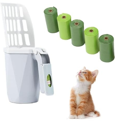 Anomidry pala arenero gato Portátil con soporte Pala for arena integrada 3 en 1 con pala profunda desmontable y contenedor de arena, sistema de eliminación de arena, 5 rollos de bolsas gratis for un t