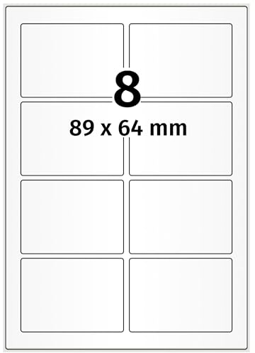 Inkjet Etiketten hochglänzend - 88,9 x 63,5 mm - 800 Papier Haftetiketten auf 100 Blatt, DIN A4 Bogen für Laser und Inkjet, glossy, weiß