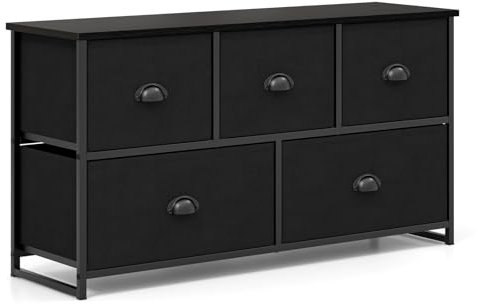 Multigot Chest of Drawers, Fabric 5-Drawer Storage Organizer Unit with Wooden Top, Metal Frame Dresser Cabinet for Bedroom Living Room Closet (Black)