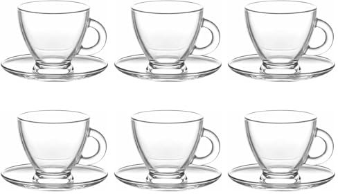 Tradineur - Pack de 6 tazas de cristal con plato, tacitas para café, té, infusiones, diseño clásico, aptas para lavavajillas - 95 ml