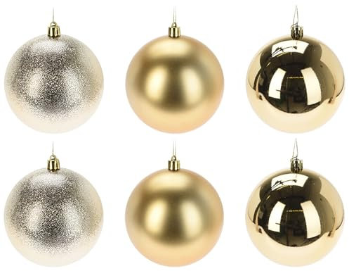 6 x Weihnachtskugeln aus Kunststoff Ø 10 cm wetterfest frostsicher - Christbaumkugeln für Innen und Außen - Weihnachtsbaumkugeln Kunststoff Größe 6 x (10 cm), Farbe Gold (matt + Glanz + Glitzer)
