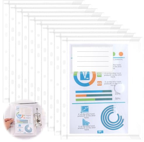 10 Stück Dokumententasche A5 Abheftbar Sammelmappe Sichttaschen mit 7 Lochverstärker und Etikettentasche Transparent 22.8 * 18cm für Dokumente Organisiere