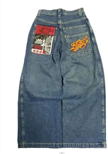 ORANDESIGNE Jeans Y2K Homme Taille Basse Printed Pants Pantalon Unisexe Pantalon Cargo Décontracté Imprimé Hippie Streetwear Z08 Bleu S
