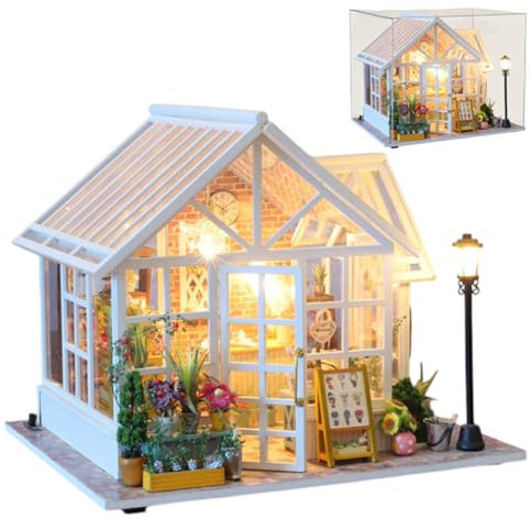 UINOFER DIY Gewächshaus Holz, Miniatur Garten Haus Selber Bauen mit Möbeln, Kreatives Bausatz Erwachsene, Modellbausatz für Erwachsene und Kinder - Sunshine House