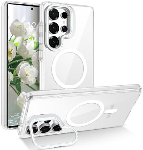 VENINGO for Samsung S25 Ultra Case, for Galaxy S25 Ultra Kickstand Phone Case Compatible with Mag Safe Camera Lens Stand Transparent Shockproof 360 Protective Magnetic Slim Case for S25 Ultra,White