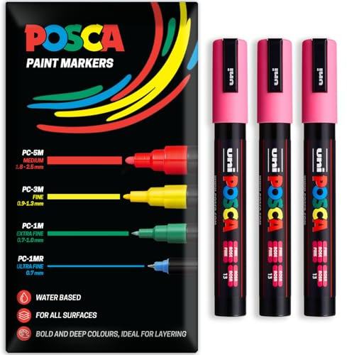 Posca - Pennarello indelebile a base d'acqua – uso multi superficie – PC-5M – Confezione da 3 penne a portafoglio (Rosa)