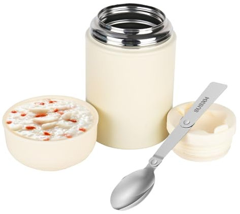 XCRPRT Food Flask with Foldable Spoon, 500Ml Thermo Food Flask, Stainless, Steel Flask Leakproof, Portable Food Thermo, Soup Flask Vacuum with Handle for School Office Picnic Travel Camping