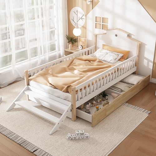 TOBIDOEN Lettino per bambini, 90 x 200 cm, con griglia di protezione anticaduta e scala laterale, 2 cassetti con ruote sotto il letto, testiera con design unico, letto in legno di pino, bianco e