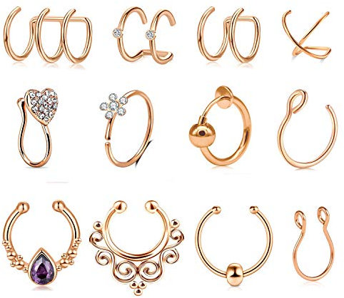 Mayhoop 12 Stück Fake Piercings Fake Nasenpiercing Ear Cuffs Fake Septum Ring Hoop Rosegold Fake Helix Lippen Piercing Ohrmanschette Ohrclips Non Piercing Schmuck