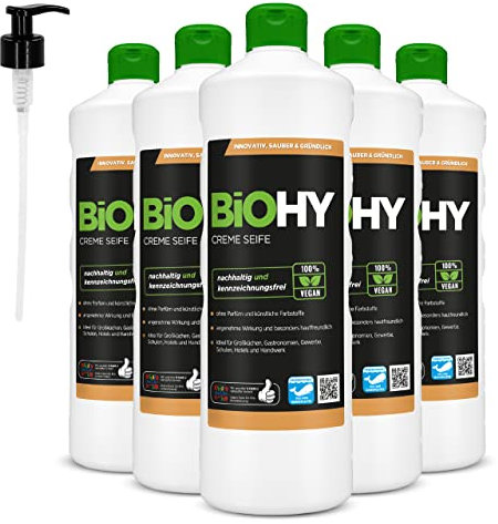 BiOHY Creme Seife (6 x 1 Liter) + Pumpspender | Hautschonende, rückfettende & geruchsneutrale Handseife | flüssiger Nachfüllpack mit pflanzlichen Inhaltsstoffen | auch für das Gesicht geeignet