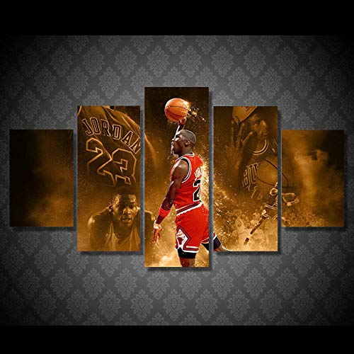 SINGLEAART Leinwanddrucke,5 Teilige Leinwand,5 Stück Wandbild,Wohnzimmer Dekoration,Modular Wandkunst,Brettmalerei,Geburtstagsgeschenk,Basketball Super Star,Michael Jordan,23,150cm×80cm,Mit Rahmen