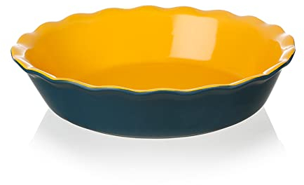 Sweejar Keramik-Kuchenform, rund, antihaftbeschichtet, mit weichem Wellenrand für Apfel, Kürbis, Topfkuchen (Blau und Gelb)