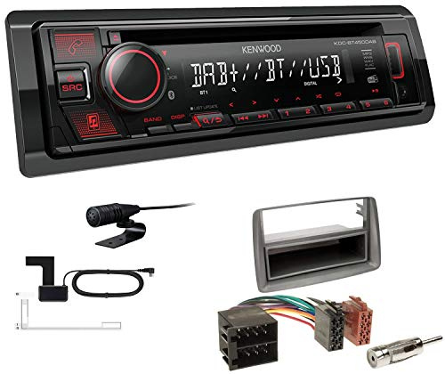 Kenwood KDC-BT450DAB 1-DIN DAB Autoradio Bluetooth CD USB AUX Einbauset passend für FIAT Panda 2003-2012 grau