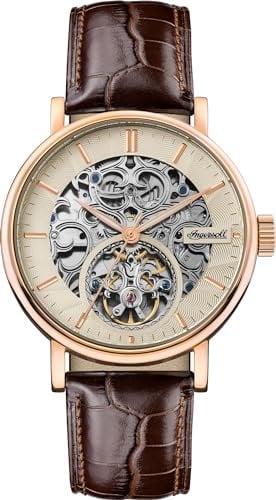 Ingersoll 1892 The Charles Herren-Automatikuhr, 44 mm, mit champagnerfarbenem Skeleton-Zifferblatt und schwarzem Echtlederarmband I05805