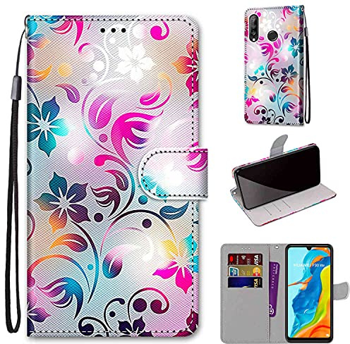 Handyhülle für Huawei P30 Lite Hülle, Bunte Blumen | Standfunktion, Kartenfach, Magnetisch, Stoßfeste Schutzhülle, Flip Leder, Klapphülle