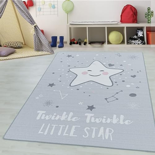Teppium Kurzflor Kinderteppich Weich für Jungen & Mädchen Sterne Muster 80x120 cm Grau - Waschbarer Teppich Pflegeleicht und Antiallergen - für Kinderzimmer, Spielzimmer und Babyzimmer