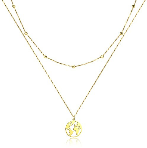 AFSTALR Gold Welt Kette Damen Welt Anhänger Halskette Frauen Doppel Kette Weltkugel Multilayer Kette mit Perlen