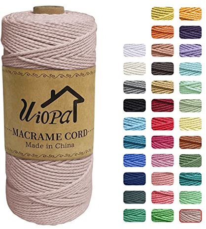 Uiopa Macrame Cuerda 2mm x 200m, Macrame Cuerda 3 Capas Hilo de Macrame, Cordón de Algodón Natural para Manualidades Envolver Regalo Decoración Bohemia