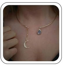 Wendalern Boho Kristall Mond Halsketten Mond Anhänger Halsketten Blau Kristall Tropfen Halsketten Gold Halbmond Halsketten Offene Halskette Schmuck für Damen und Mädchen