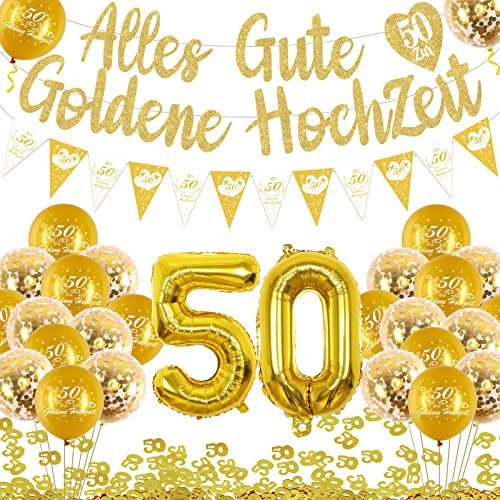 Cheereveal 50. Goldene Hochzeit Deko Set, Alles Gute zur Goldene Hochzeit Banner Luftballons Girlande, Gold 50 Konfetti, Hochzeitsjubiläum Feier Party Dekorationen Zubehör