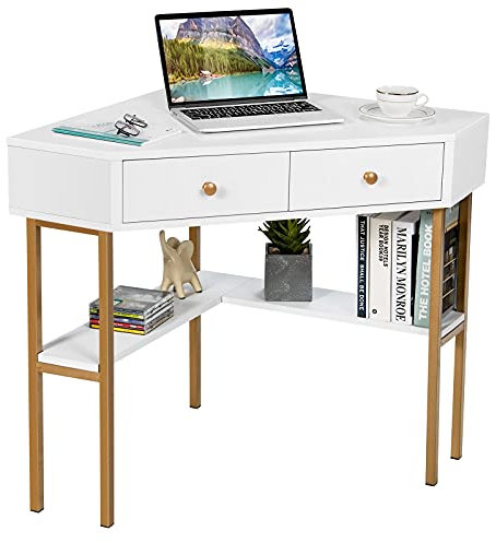 LIFEZEAL Escritorio Rinconera, Mesa de Esquina con 2 cajones y estantes, Mesa Triangular de Trabajo para Ordenador, 70,5 x 70,5 x75 cm (White)