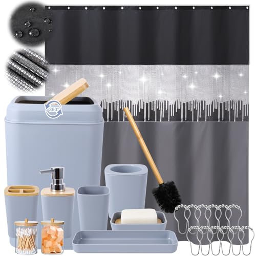 Badezimmer-Zubehör-Set - Badezimmer-Sets mit Glitzer-Duschvorhang, 10-teiliger grauer Duschvorhang mit Edelstahl-Haken, Badezimmer-Zubehör-Set komplett mit Duschvorhang-Set für Heimdekoration