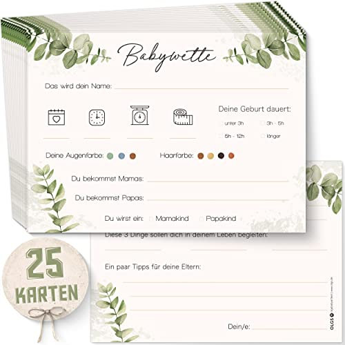 OLGS Babyparty Ratespiel 25 Karten zum ausfüllen DIN A6 | Babywette Tippkarten für Babyshower | Gender Reveal Party Quiz für Junge und Mädchen | Schwangerschaft Geschenk Baby Party Spiele - Eucalyptus