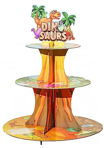 Spldsun 3 Etagen Cupcake Display Turmständer, Wiederverwendbar, Kuchenständer Pappe, Dinosaurier Cupcake Ständer, für Geburtstagsfeiern, Familienfeiern, Bankette (Dinosaurier)