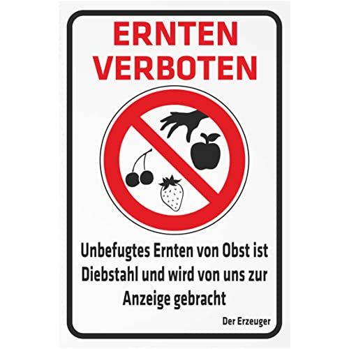 INDIGOS UG - Aluverbundplatte Schilder 3mm - Sicherheit - Verbotsschild Ernten verboten - 300x200 mm - Hotel, Firma, Schutz, KITA, Arzt, Praxis, Wohnung