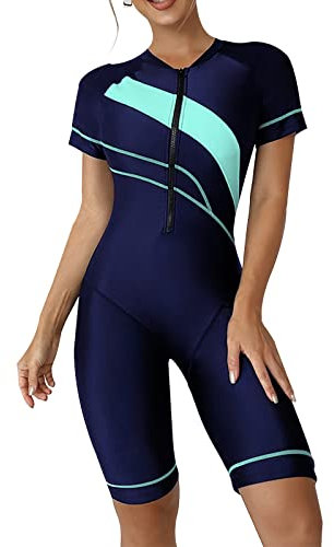 Ecupper Maillot de Bain Femme 1 Pieces Manches Courtes Rash Guard Contrôle du Ventre Rembourré Vert XL