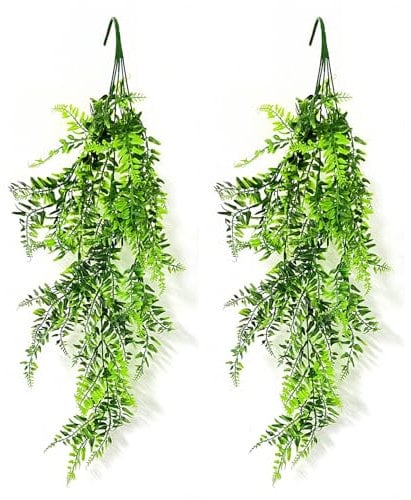 JZK 2 plantas colgantes artificiales, hojas de helechos verdes sintéticos para colgar en la pared, guirnalda de hiedra falsa, plantas de interior para decoración de pared de cocina, baño, decoración