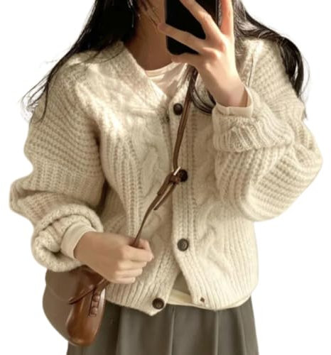 FWSHANGMAO Ladies Knitted V Neck Button Up,Chunky Women'S Cardigan With Short Cable Knit Open Front Knitted Sweater Vintage Elegant Simple Y2K Sweatshir Jacket,Beige,L