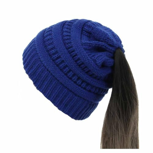 SHTGOI Pferdeschwanz Mütze Wolle Strickmütze Weiche Stretch Wintermütze mit Loop Zöpfen Loch Slouch Beanie Mütze Grobstrick Häkelmütze Warme Hut für Damen und Mädchen mit Langen Haaren Blau