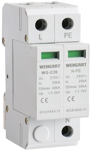 Wengart Protector de Sobretensiones Transitorias 1P+N (275V), Clase II (T2), Imax 40kA, Dispositivo de Protección SPD para Cuadro Eléctrico, Fotovoltaica y Cargadores de Coche Eléctrico, Carril DIN