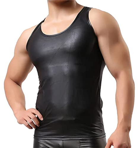 Latex ähnliches Herren Shirt Sexy Schwarz Leder Optik Männer Shirt Unterhemd Kurzarm Unterwäsche Stretch Hemd Tops Clubwear Guywear Freizeithemd Sommer Muskel Top Lack-Leder Oberteil 013