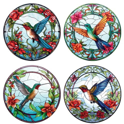 Stained Glass Window Cling Bird Static, 4 Sheets Hummingbird Stained Glass Window Clings Round Anti-Collision Decals Privacy Non Adhesive for Anti Strikes Bird Protection Home Decoration