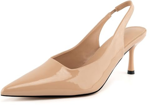 heelchic Women Slingback Pumps Shoes Slip On Kitten Heel Office Shoes Pointed Toe Work Dress Shoes, Nude, 7 UK