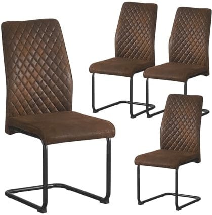 B&D home® Esszimmerstühle Theo 4er-Set – gepolsterte Freischwinger mit Rautensteppung, Wildlederoptik Braun, ergonomische Sitzfläche, schwarzes Metallgestell, Industrial Design für Küche & Esszimmer