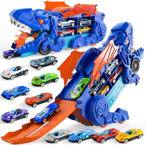 Kleinkind Auto Spielzeug für 3-6 Jahre Alte Jungen - Dinosaurier Transporter LKW Mit 10 Druckguss Autos, Verwandelt Sich in Dino - Für Kinder