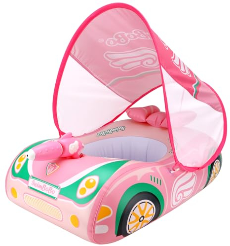 Swimbobo Aufblasbares Schwimm-Auto schwimmring Kinder mit verstellbarem Sonnendach und Sicherheitssitz Pool-Spielzeug für Kinder (Rosa Auto)
