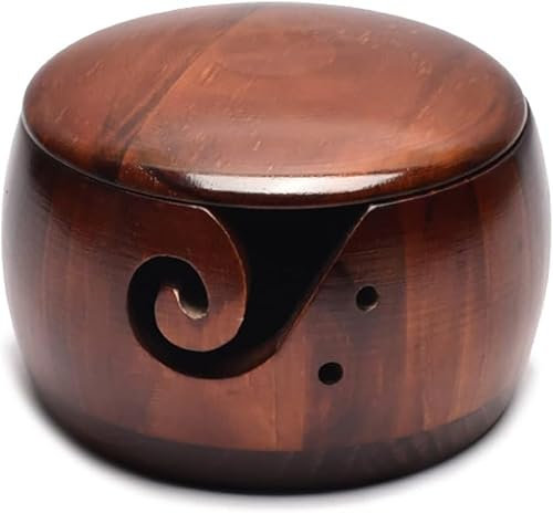 Apronhero Wooden Yarn Bowls with Lid for Knitting Crochet Yarn Ball Holder Handmade Yarn Storage Bowl for DIY Knitting Crocheting Crochet Kit Organizer Accessories (Dark Wood)