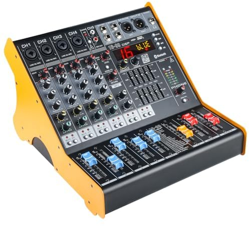 Mezclador para Dj Mezclador de audio Bluetooth de 5 canales con amplificador de potencia 2*180W, interfaz de audio Usb Mezclador con 99 DSP FX Reverberación Efecto Delay para Streaming