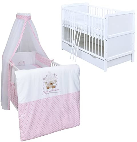 Generisch Baby Delux Babybett Komplett Set Kinderbett umbaubar zum Juniorbett 140x70 weiß Schublade Matratze Bettset mehrteilig Jack (Twinkle Star rosa)