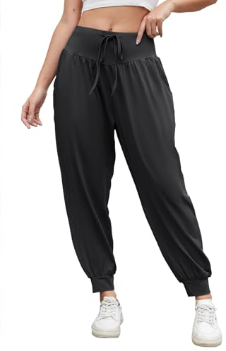 BATHRINS Yogahose Damen Lang Haremshose High Waist Jogginghose Sporthose Weite Freizeithose Elegant Leichte Pilates Hosen Pumphose mit Taschen Kordelzug(Schwarz,M)