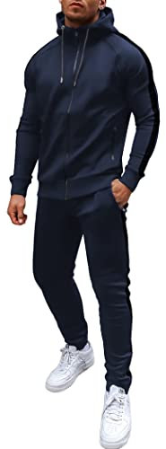 COOFANDY Trainingsanzug Herren Jogginganzug Komplett Sportanzug Full Zip Hoodie Tracksuit mit Kapuze Winter Streatwear Jogginghose mit Kordelzug Navy Blau XL